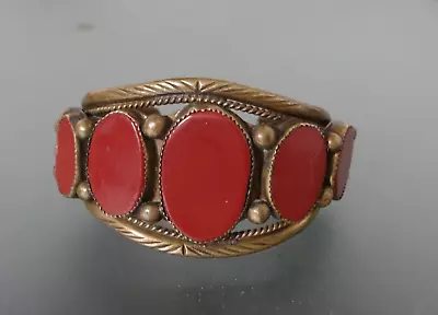 Vtg Brass? Revival Cuff Bracelet Inlay Red Acrylic Cabochon 62g • $10