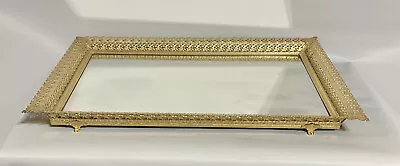 Vintage Gold Filigree 18  Rectangle Footed Mirror Dresser Vanity Tray • $25