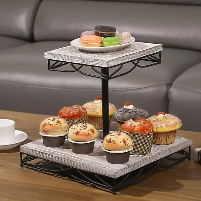 2 Tier Black Metal Wire Trim Shabby Whitewashed Wood Cupcake Riser Holder Stand • $39.99