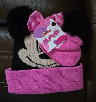 Disney Minnie Mouse Hat & Gloves Set Toddler Girls Puff Ball Ears * Glitter Cuff • $17.99