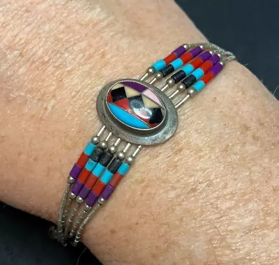 Zuni Liquid Silver Bead Multi Stone Inlay Bracelet Native 6.5g • $8