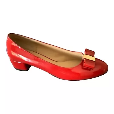 Salvatore Ferragamo Red Shoes Size 7.5 Patent Leather Low Heel Bow Slip On  • $159.99