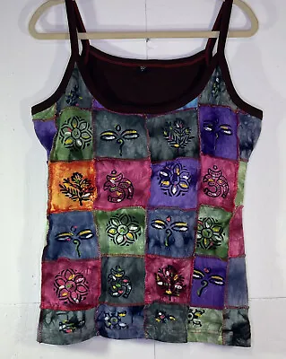 Made In Nepal Patchwork Hand Painted Boho Hippie Tank Top Cotton SZ L  NWOT • $21.99