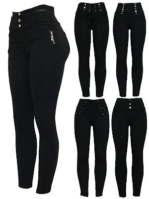 Womens Black Stretchy Zip Detail Style Skinny Fit Jeggings Legging Pants Trouser • £9.99