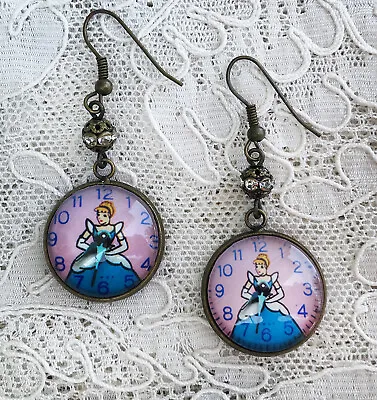 CINDERELLA WATCH  Picture GLASS DOME Dangle EARRINGS Vintage CLOCK DIAL ART • $18.99
