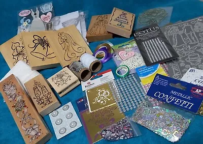 Wedding Craft Bundle - Rubber Stamps Embellishments Gems Stencils Lace Confetti • £4.99