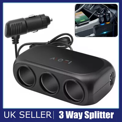 UK 3 Way 12V 24V Multi Socket Car Cigarette Lighter Splitter USB Charger Adapter • £5.99