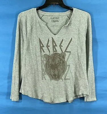 VINTAGE CANVAS Gray WAFFLE KNIT Rebel Tiger V-NECK Long Sleeve CASUAL TOP Sz S • $10
