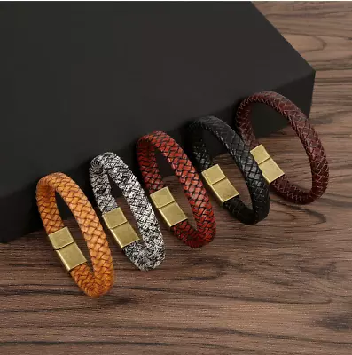 Unisex Minimalist Braided Leather Bracelet Stainless Steel Magnetic Clasp UK Men • £6.99