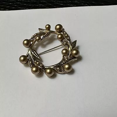 Signed Monet Faux Pearl Wreath Brooch Pin Gold Tone • $12.99