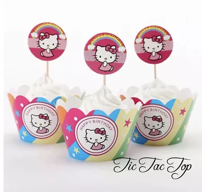 24pcs Hello Kitty Cupcake Toppers & Wrappers. Party Supplies Lolly Loot Bag Cake • $9.95