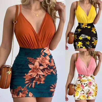 $19.94 • Buy Women Strappy V Neck Mini Dress Summer Sexy Beach Club Party Bodycon Sundress