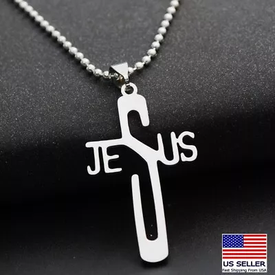 Men Women Stainless Steel Hollow Jesus Letters Cross Pendant Necklace 0344 • $5.99