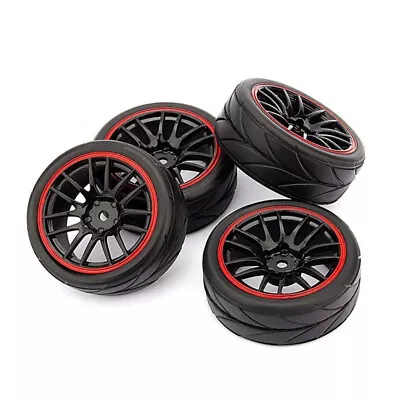 RC Car Wheels Upgrade Fit 1:10 Scale Models With DRY Grip Tyres - Black & Red • £10.99