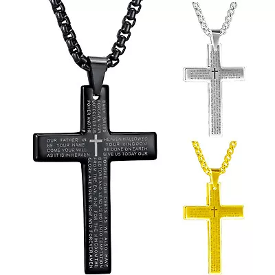 Men's Stainless Steel Large Cross Bible Lord's Prayer Pendant Necklace • $15.35