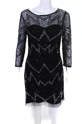 Aidan Mattox Womens Back Zip 3/4 Sleeve Beaded Sequin Mesh Dress Black Size 0 • $41.49