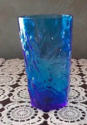 VINTAGE MCM RARE Morgantown Crinkle Glass Blue Small Juice Drink Glass Set Of 7  • $39