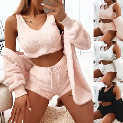 £11.29 • Buy 3PCS Women Fleece Teddy Bear Vest Crop Tops Shorts Cardigan Coat Tracksuit Set