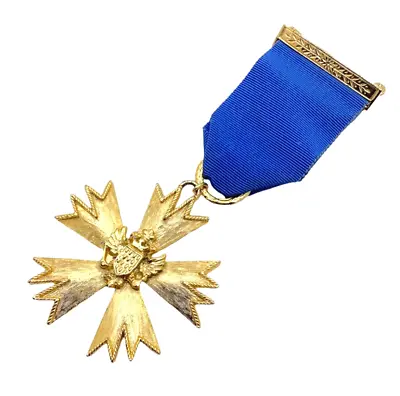 Sphinx Medal Drop Brooch Pin Gold Plated Blue Ribbon Merit Coat Of Arms 60s VTG • $41.97