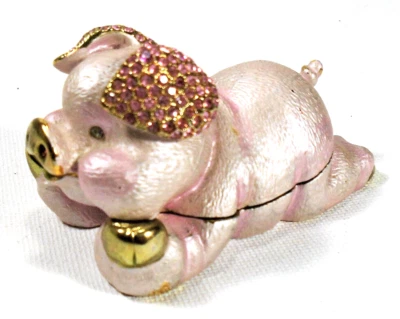 $10 • Buy Bejeweled Enameled Pink Pig Trinket Box/Figurine With Rhinestones