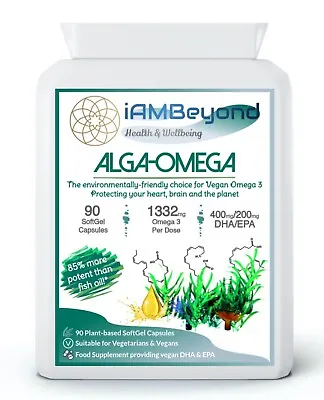 Vegan Omega 3 DHA EPA 1332mg Algae Oil - 90 GelCaps Heart Brain Health Strength • £17.99