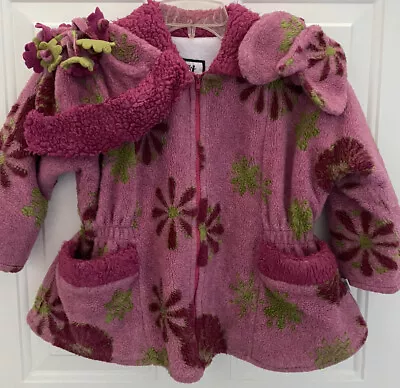 Corky & Co Coat Girls Pink Green Floral Nubby Fleece Blend  Hat Jacket Size 4T • $24.75