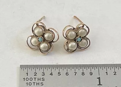 Antique Victorian Solid 14k Gold Pearl Turquoise Earrings • $145