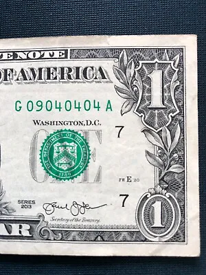 2013 (ONE DOLLAR) FANCY SERIAL NUMBER - ALTERNATING 0's - REPEATER NOTE 09040404 • $10