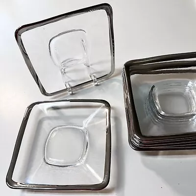 Clear Glass Mid Century Modern Silver Trim Square Appetizer Plates Set Of 8 • $29