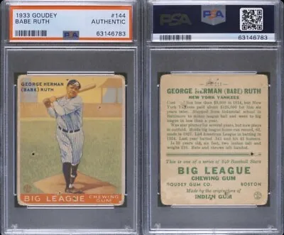 1933 Goudey Babe Ruth #144 Swinging Psa Authentic Dead Centered Yankees • $6000