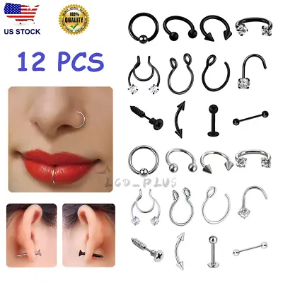 12PCS Nose Hoop Rings L Shaped Pin Studs Lip Surgical Steel Piercing Jewelry Set • $5.85