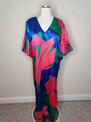 Vintage Flora Kung Maxi Dress Womens Small Satin Abstract Colorful Dolman Sleeve • $34.99