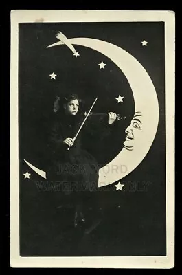 RPPC Photo Little Girl Playing Violin On Prop Paper Moon Shooting Star Music Int • $335