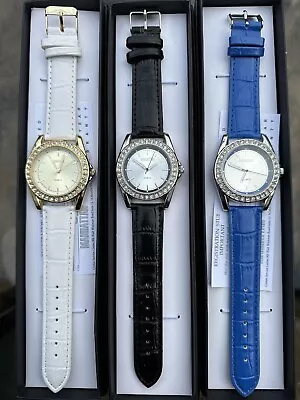 3x Manhattan By Croton Crystal Wrist Watch Blue/White/Blck Leather Band CM404246 • $12