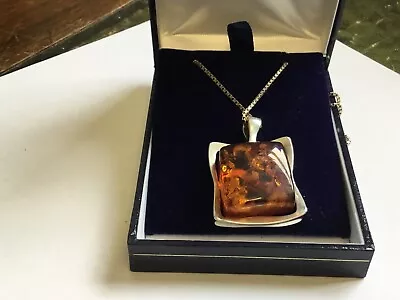 Solid Sterling Silver.925 & Large Amber Pendant & 22” Silver ChainNEWBOXED • £29.99