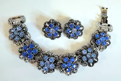 Vintage Blue Rhinestone Floral Bracelet Silver Tone Book Chain +Clip On Earrings • $32.96