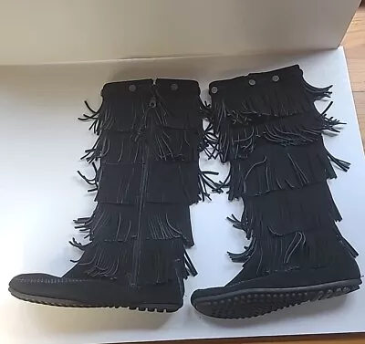 MINNETONKA Black Suede Tall Boots Size 9 Moccasins Shoes Layered Fringe Tiered • £28.87