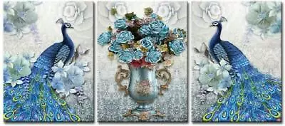 Blue Peacock With White Lily 3 Piece Canvas Wall Art Picture Painting Home Decor • $39.99