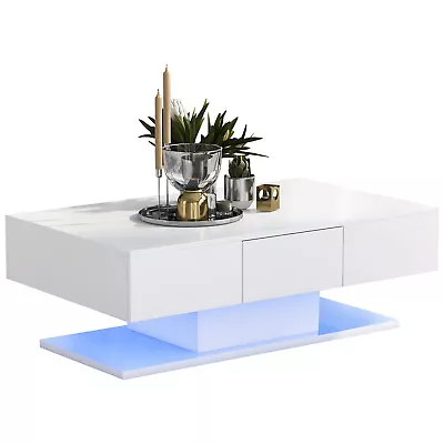 Modern LED Coffee Table High Gloss Wooden Drawer Storage Living Room Furniture • £89.99