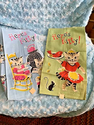 Pair Lot Vintage Kitchen Tea Hand Towel Cat Kitten Linen Cotton New Old Stock • $44