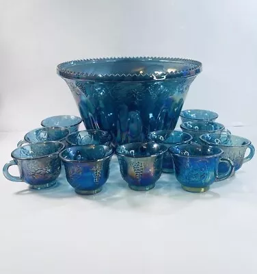 Vintage Indiana Glass Iridescent Blue Harvest Carnival Glass Punch Bowl Set 11 C • $119.99