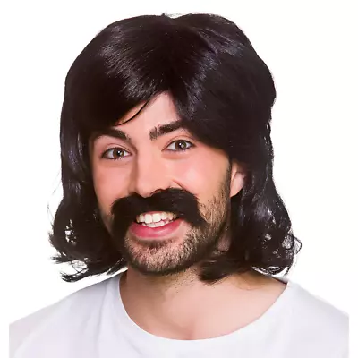 1970s Black Mens Disco Fever Wig 70s Adult Fancy Dress Wig + Tash • £10.99