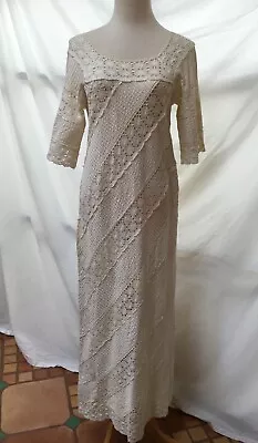 White Mexican Wedding Dress Pintucking Crochet 1970s • $125