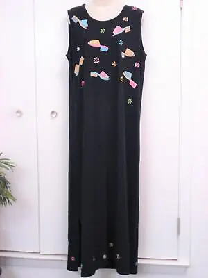 Michael Simon Size Large Tank Dress Maxi Black Embroidered Summer Sandal Shoes • $21