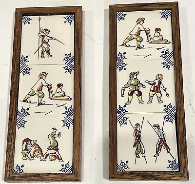 Set Of Vintage Framed Delft Tiles Children At Play 6.5”x 2.5” Each • $59.90