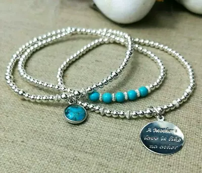 £38 • Buy MUM Bracelets 925 Sterling Silver TURQUOISE Set Of 3 Stacking 2 Charms In Box