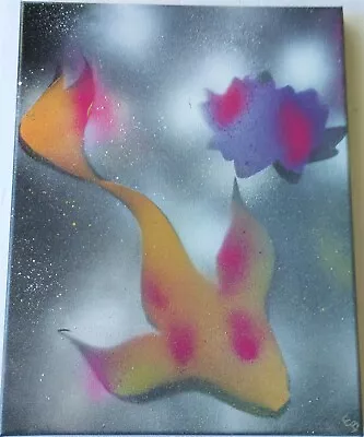 Abstract Painting Of Yellow And Pink Koi Fish And Purple Lotus 14x11 Canvas NWOT • £40.50