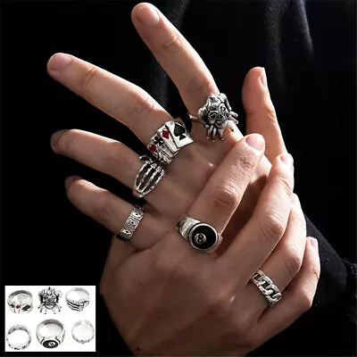 6Pcs Punk Poker Joker Rings For Men Goth Skeleton Billiards Set Emo Jewelry Gift • $7.36