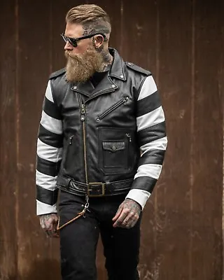 Men's Black Leather D Pocket Motorbike Fashion Jacket/Stylish SlimFit Motorcycle • $145