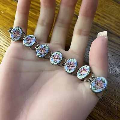 Vtg 1930s-40s Child’s Sterling Silver Bracelet Hand Painted Floral ‘B Co’ 4.5” • $30